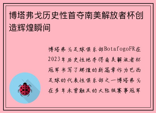 博塔弗戈历史性首夺南美解放者杯创造辉煌瞬间