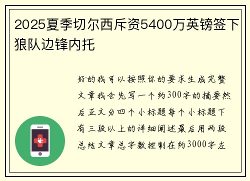 2025夏季切尔西斥资5400万英镑签下狼队边锋内托