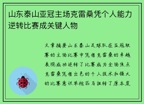 山东泰山亚冠主场克雷桑凭个人能力逆转比赛成关键人物